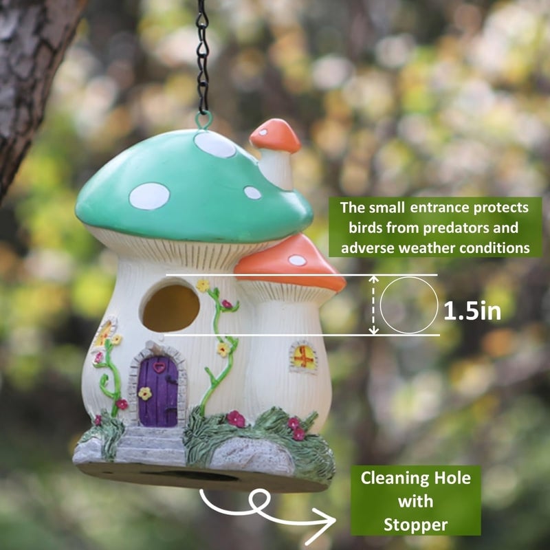 Bltnever Garden Bird House for Outdoors, Clearance Hanging Birds Nesting Box, Decorative Mushroom Cute Resin Birdhouse for Outside Indoors Garden Backyard Decor, Gifts for Bird Lovers (Green, Medium Size) - Image 2
